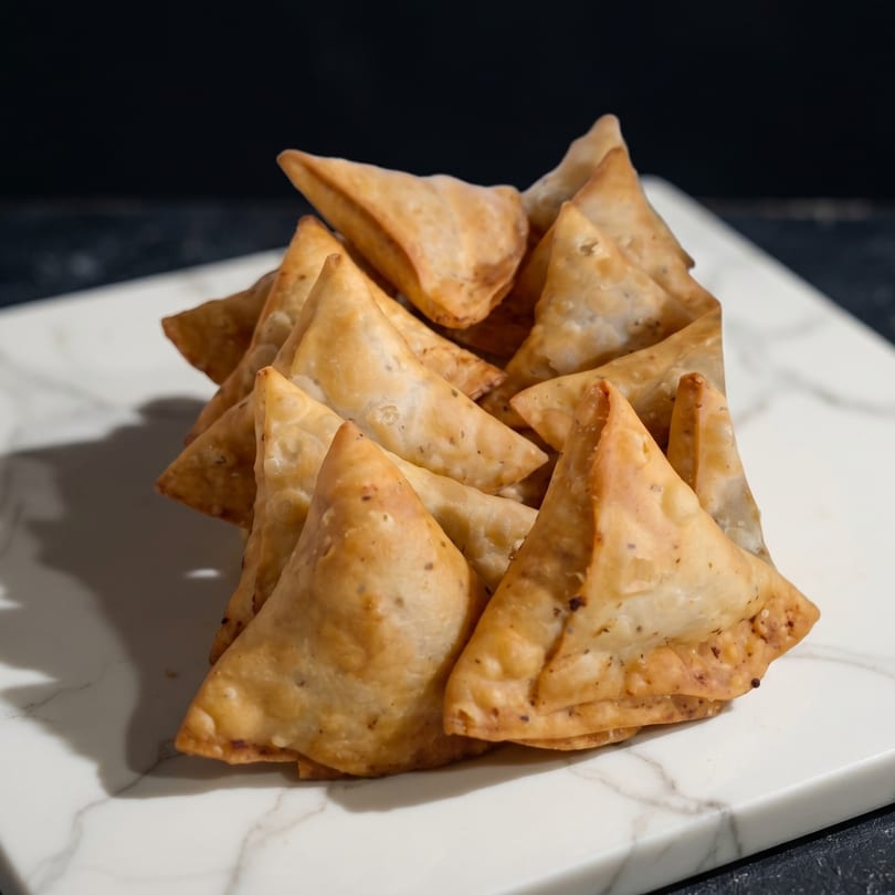 A pile of golden-brown, triangular samosas with visible spices, on a white marble board.