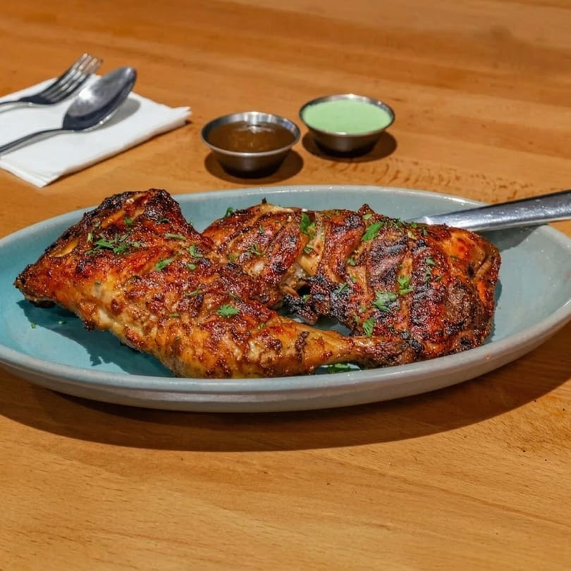 Grilled chicken with herbs on a blue plate, with two dipping sauces and cutlery on a wooden table.