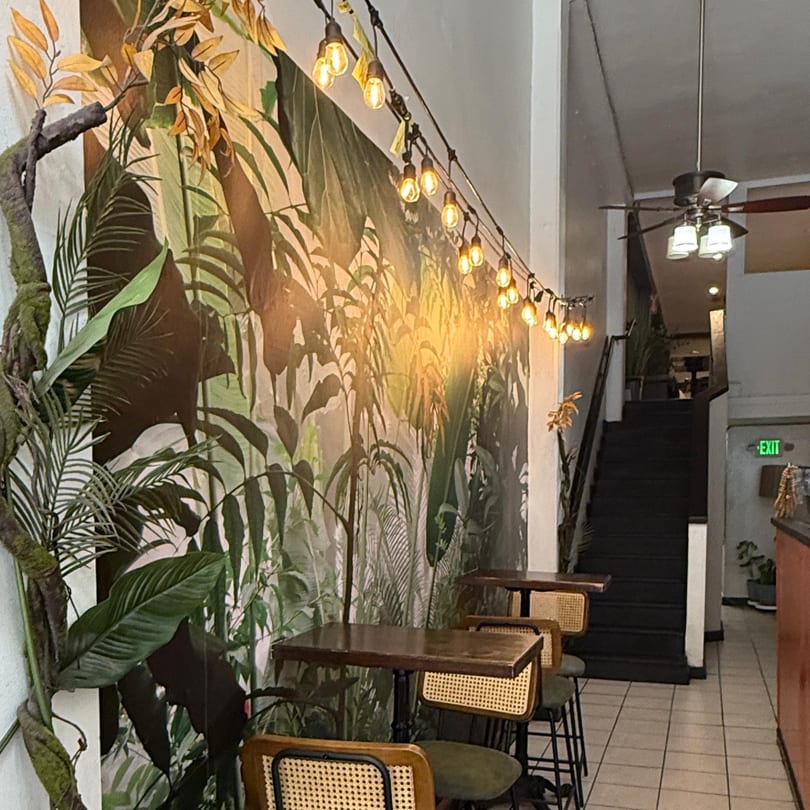 A restaurant interior with a jungle-themed mural, string lights, and small tables with wicker chairs.